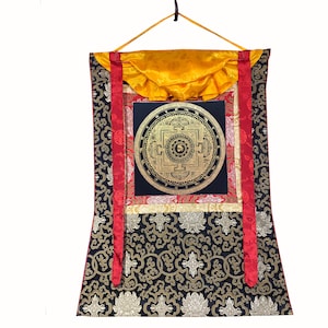 Silk Brocaded Om Mandala Thanka, Black Theme Mandala Thangka, Tibetan Style, Fine Himalayan Art, For Home Decoration and Shrine