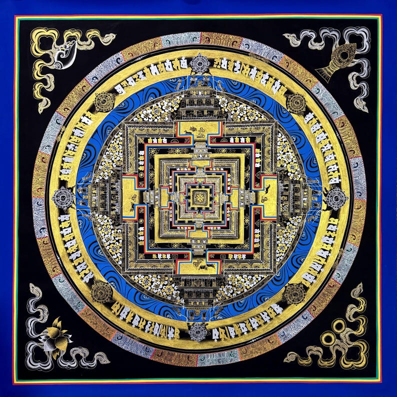 May include: A mandala with a square center surrounded by concentric circles and intricate details. The mandala is painted in gold, blue, and black on a black background. The mandala is surrounded by a blue border.