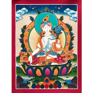 Tableau blanc Tara Thangka de qualité supérieure, tableau Thangka sacré fait main pour la méditation et porte-bonheur, tableau décoratif tibétain