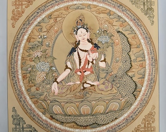 24k Gold Weiß Tara Mandala Thangka: Tibetische Meditationsmalerei