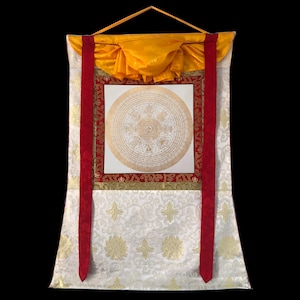 Seidenbrokat Montiert Verheißungsvolle Mantra Mandala Thanka, Om Mani Padme Hum Mandala Thangka, Gesegnetes Thanka, Tibetische Wanddekoration Malerei