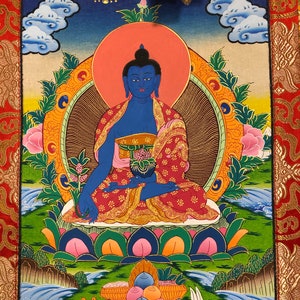 Seidenbrokat Medizin Buddha Thangka, Heilender Buddha Thanka auf Baumwoll-Leinwand Bild 3