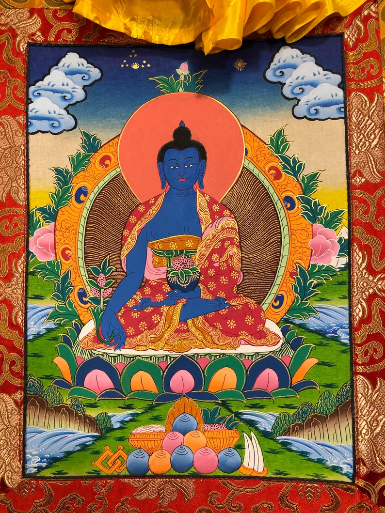 Seidenbrokat Medizin Buddha Thangka, Heilender Buddha Thanka auf Baumwoll-Leinwand Bild 3
