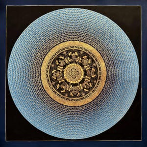 Green Tara Mantra Mandala with Eight Auspicious Symbols, Om Tare Tuttare Ture Svaha Mandala
