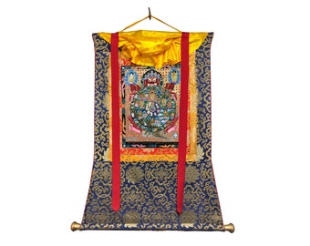 Silk Brocade Fine Quality Blessed Wheel of Life, Handmade Sacred Thangka Painting for Meditation & Good Luck, Tibetan Decoration Painting