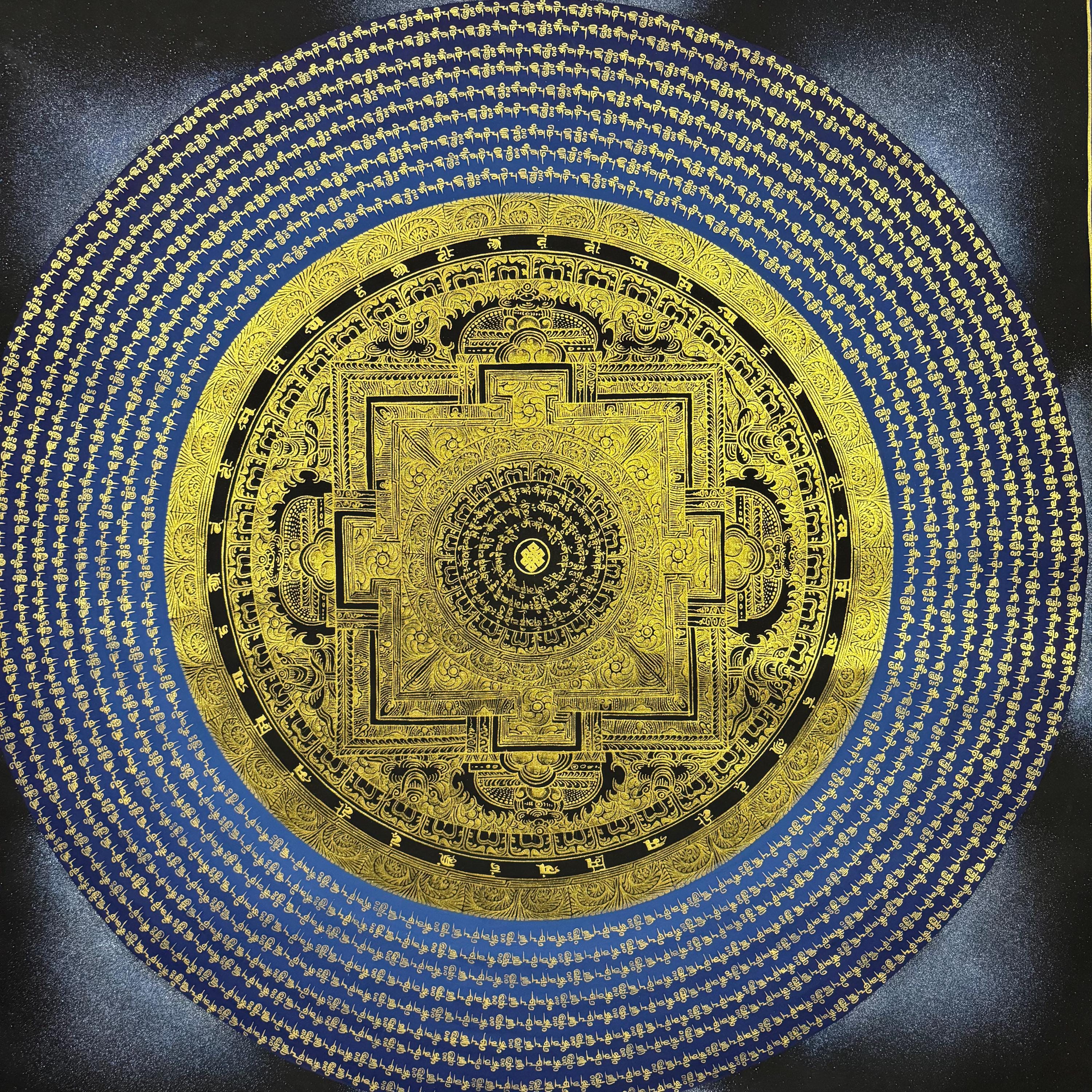 Hand-painted Om Mani Padme Hum Mandala Thanka, Cotton Canvas, Gold
