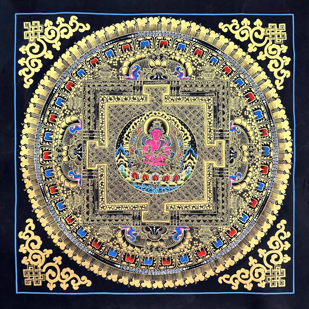 阿弥陀仏曼荼羅タンカ、本物の手描きチベットタンカ、タンカ金箔絵画