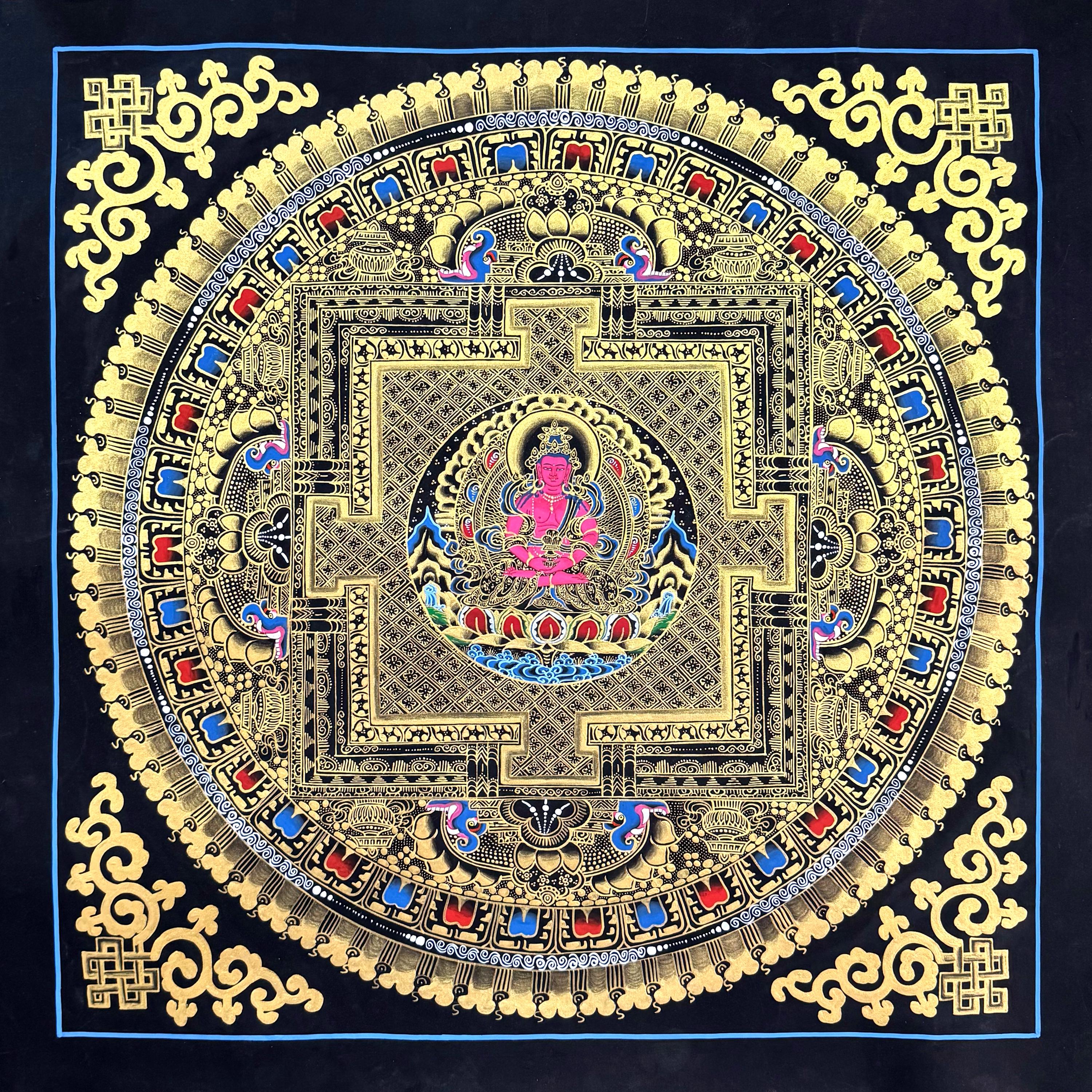 阿弥陀仏曼荼羅タンカ、本物の手描きチベットタンカ、タンカ金箔絵画