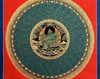 Grüne Tara Mantra Mandala, handgefertigtes heiliges Thangka-Gemälde für Meditation und Glück im Haus
