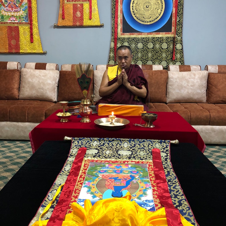 Thangka de Buda da Medicina em Brocado de Seda, Thangka de Buda da Cura Abençoado em Tela de Algodão imagem 2