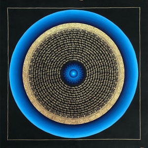 Blessed Blue Rainbow Mantra Mandala Thangka Painting, Om Mani Padme Hum Mandala Thanka, Blessed Mandala on Cotton Canvas