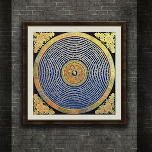 Om Blue Theme Mantra Mandala Thangka Painting, om Mani Padme Hum Mandala Thangka Art