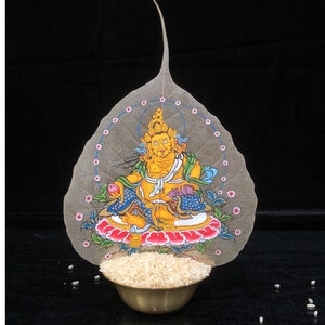 Exclusive Master&#39;s Work on Bodhi Leaf Dzambala Thangka, Handmade Sacred Painting for Good Luck to house, thanka Gold leaf Painting