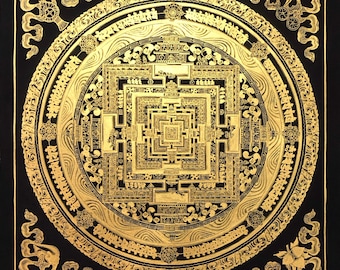 Blessed Black and Gold Kalachakra Mandala Thangka Painting, Blessed Thanka Art