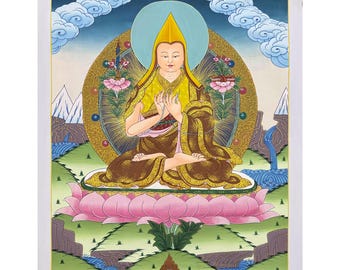 Dipinto Thangka di Tsongkhapa, raro thangka tibetano autentico dipinto a mano, dipinto Thanka con foglia d'oro