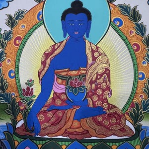Thangka de Buda da Medicina em Brocado de Seda, Thangka de Buda da Cura Abençoado em Tela de Algodão imagem 3