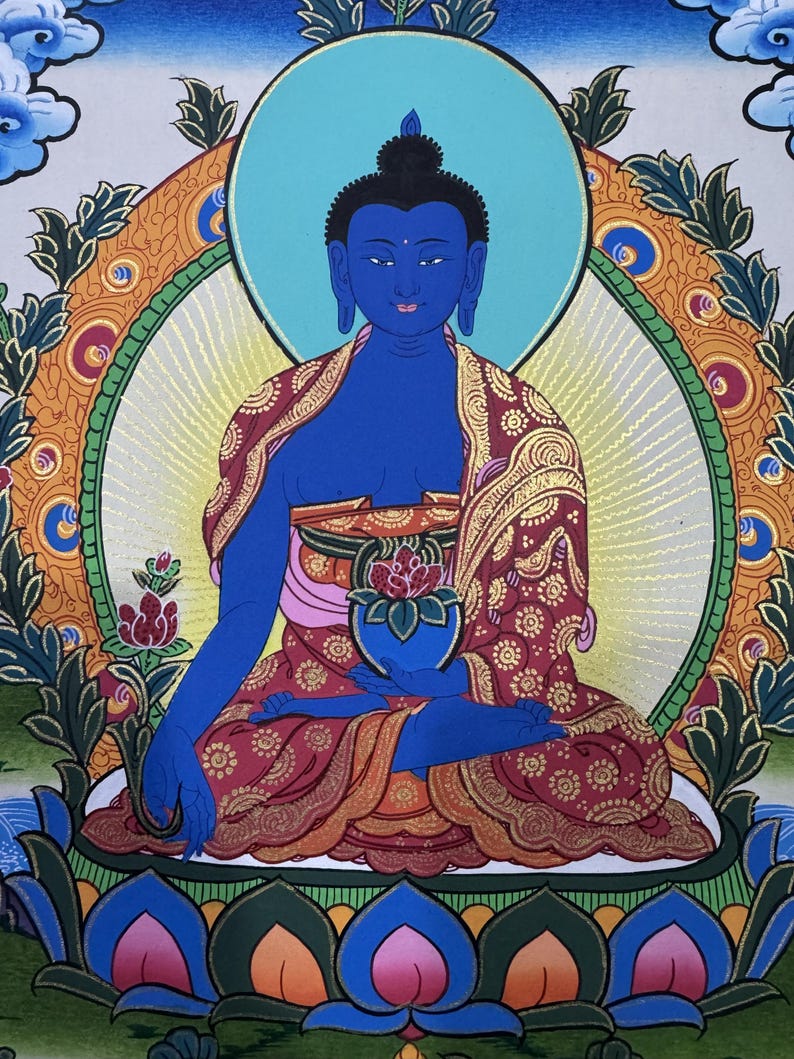 Thangka de Buda da Medicina em Brocado de Seda, Thangka de Buda da Cura Abençoado em Tela de Algodão imagem 3