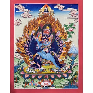 24K Gold Painted Yamantaka Thangka Painting, Handmade in Nepal, Vajrabhairava Thanka