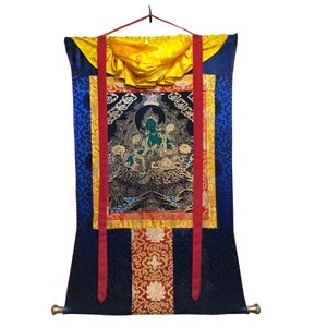 Silk Brocade Mounted Monk Blessed Green Tara Thangka Painting, Genuine Hand Painted Tibetan thangka, thanka Gold leaf Painting