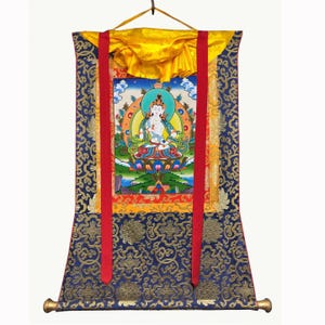 Silk Brocade Vajrasattva Thangka, Blessed Thanka, Painting on Cotton Canvas