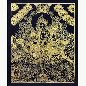 Monk Blessed Black and Gold Green Tara Thangka Painting, Genuine Hand Painted Tibetan thangka, thanka Gold leaf Painting