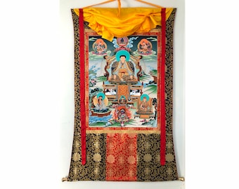 Seidenbrokat Aufgezogener Guru Marpa Thangka, Marpha Thangka Kunst, echte handgemalte tibetische Thangka, Thangka Blattgold Malerei