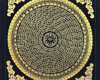 Mantra Mandala Thangka nero e oro, Mandala Om Mani Padme Hum, Pittura tibetana per decorazione murale
