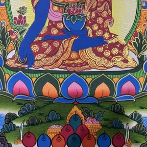 Thangka de Buda da Medicina em Brocado de Seda, Thangka de Buda da Cura Abençoado em Tela de Algodão imagem 4