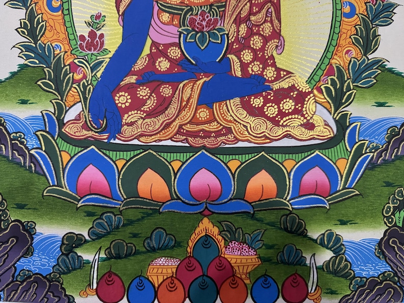 Thangka de Buda da Medicina em Brocado de Seda, Thangka de Buda da Cura Abençoado em Tela de Algodão imagem 4