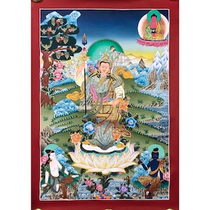 Master Quality Standing Guru Rinpoche Thangka, Padmasambhava Genuine Hand Painted Tibetan thangka, Thangka Gold leaf Painting