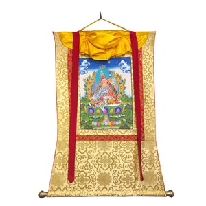 Silk Brocade Guru Rinpoche Thangka, Padmasambhava Thanka, Mantra blessed Guru Painting on Cotton Canvas