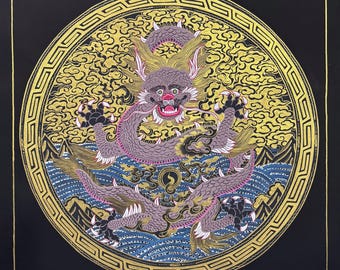 56cmx56cm Dragon Mandala Thangka Painting, Hand Painted Canvas Cotton Tibetan Thangka From Nepal