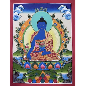 Thangka de Buda da Medicina em Brocado de Seda, Thangka de Buda da Cura Abençoado em Tela de Algodão imagem 5