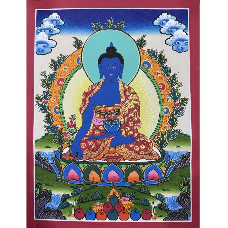 Thangka de Buda da Medicina em Brocado de Seda, Thangka de Buda da Cura Abençoado em Tela de Algodão imagem 5
