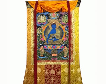 Handgjord silkesbrokad medicinbuddha thangka-målning, sakral konst