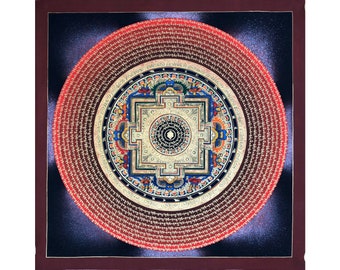 Blessed Red Mantra Mandala Thangka, Infinite Knot Mandala, Om Mani Padme Hum Mandala