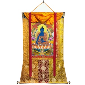 24k Gold Medicine Buddha Thangka Painting, Healing Buddha Thanka, Handmade Sacred Thangka Painting for Meditation and Good Luck to house