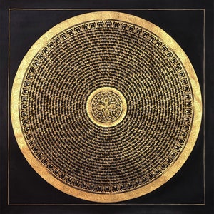 Large Size Black and Gold Vajra Mantra Mandala, Om Mani Padme Hum Mandala Thanka, Blessed Mandala Thangka