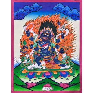 Thangka Mahakala en or, peinture thangka sacrée faite main bénie pour la méditation et porte-bonheur, peinture de décoration murale tibétaine