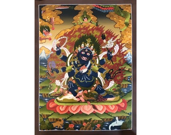 24K Gold Mahakala Thangka Malerei, Hochwertige handgemachte tibetische Wandkunst für Dekoration, Yoga und Meditation