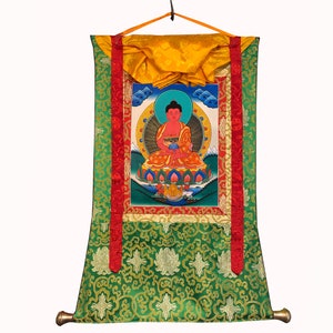 Silk Brocade Amitabha Buddha Thanka Painting, Tibetan Decoration Painting, Religious Painting - Wall Hanging Thangka – Nepal Ethnic Art