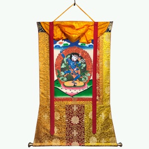 Silk Brocade Simhamukha Thangka Painting, Rare Genuine Hand Painted Tibetan thangka, thanka Gold leaf Painting