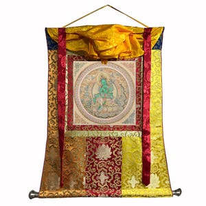 Master Quality Silk Brocade Mounted Green Tara Mantra Mandala, Dholma Mandala