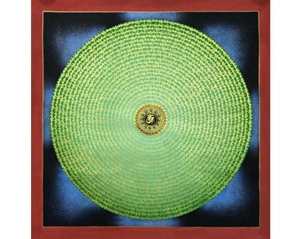 Puede incluir: Un mandala verde y dorado con un símbolo Om negro y dorado en el centro. El mandala está rodeado por un fondo azul y negro.
