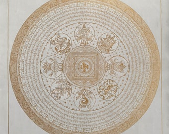 Glücksverheißendes Mantra Mandala Thanka, Om Mani Padme Hum Mandala Thangka, gesegnetes Mandala Thanka, tibetische Wanddekorationsmalerei