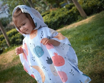 Ekologisk muslin babyhandduk med huva, badponcho i färgglad frukt, bomullsstrandhandduk, babyshowerpresent, tvättlapp för nyfödd, cape för baby