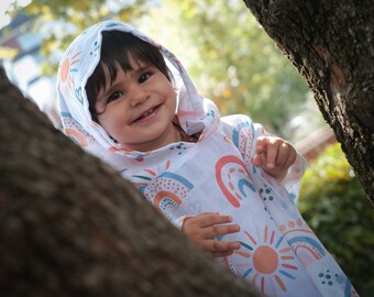 Poncho con capucha de muselina para bebé, toalla de algodón orgánico para bebé, toalla de playa arcoíris para bebé, regalo para baby shower, toallita para recién nacido, capa para niño pequeño