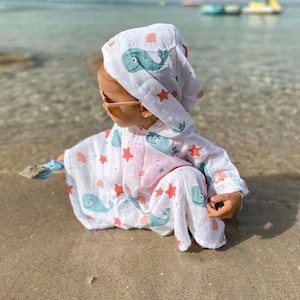 Organic Muslin Cotton Bath Poncho, Baby Shower Gift, Blue Whale Hooded Baby Towel, Baby Beach Towel, Washcloth for Newborn, Cape for Toddler