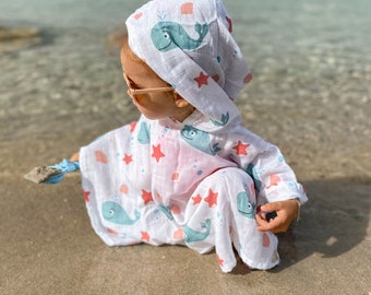 Badponcho i ekologisk muslinbomull, babyshowerpresent, babyhandduk med blåvalscape, babystrandhandduk, tvättlapp för nyfödd, kappa för småbarn