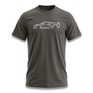 Dark gray t-shirt with a white outline of a sports car on the front.